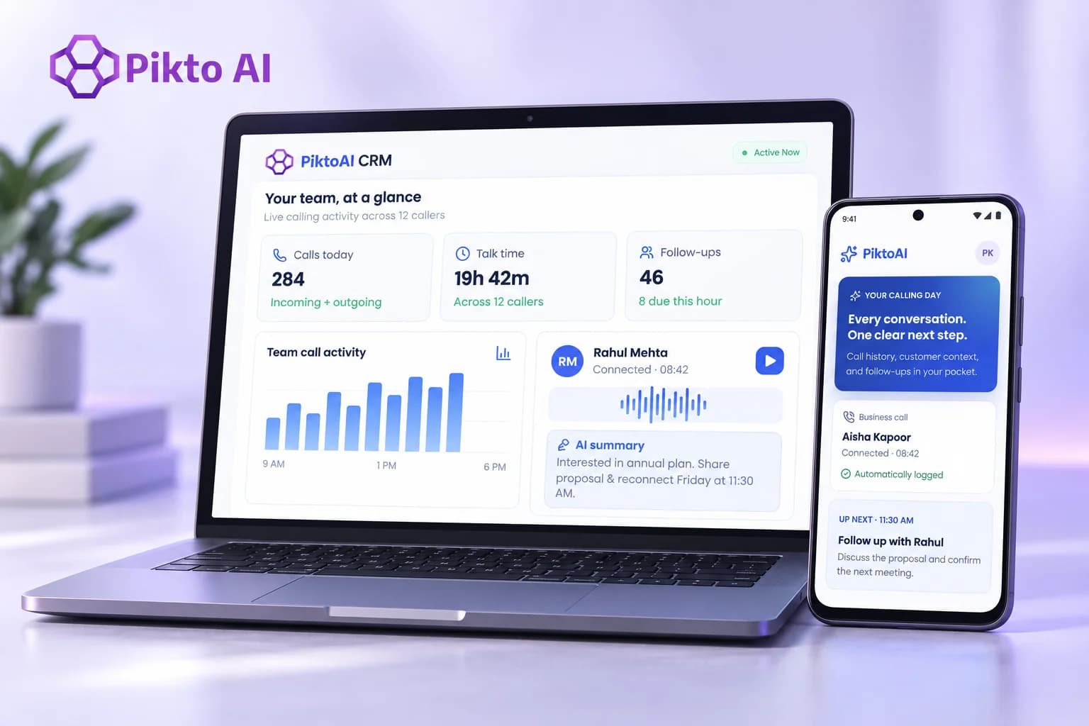 PiktoAI product visualization combining its CRM dashboard on a laptop and calling app on an Android phone